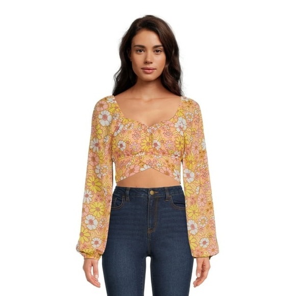 NWT Madden NYC Junior’s Cropped Back Tie Top with Long Blouson Sleeves | Medium - Picture 1 of 9